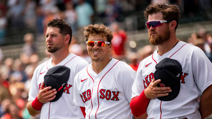 FT. MYERS, FL - MARCH 30: Enrique Hernandez #5 of the Boston Red Sox reacts before a Grapefruit League game against the Atlanta Braves on March 30, 2022 at jetBlue Park at Fenway South in Fort Myers, Florida. (Photo by Billie Weiss/Boston Red Sox/Getty Images)