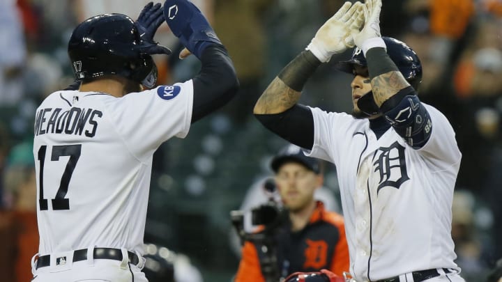 DETROIT, MI – April 11: Javier Baez #28 of the Detroit Tigers is congratulated by Austin Meadows #17 after hitting a two-run home run against the Boston Red Sox during the eighth inning to take a 3-1 lead at Comerica Park on April 11, 2022, in Detroit, Michigan. (Photo by Duane Burleson/Getty Images)