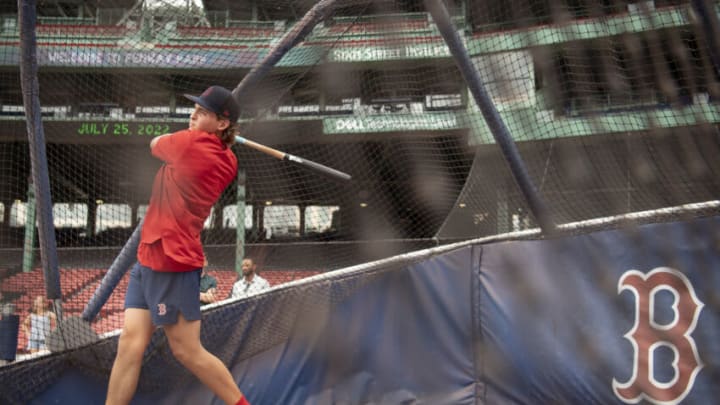 BOSTON, MA - JULY 25 :Boston Red Sox first-round draft pick Mikey Romero takes batting practice after signing a contract with the club on July 25, 2022 at Fenway Park in Boston, Massachusetts. (Photo by Maddie Malhotra/Boston Red Sox/Getty Images)