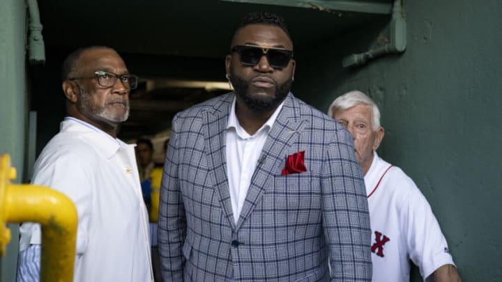 BOSTON, MA - JULY 26: Former Boston Red Sox designated hitter David Ortiz takes the field for a ceremony honoring his induction into the Baseball Hall of Fame ahead of a game against the Cleveland Guardians on July 26, 2022 at Fenway Park in Boston, Massachusetts. (Photo by Maddie Malhotra/Boston Red Sox/Getty Images)