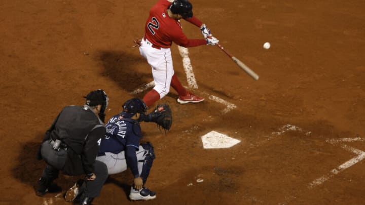 BOSTON, MA - OCTOBER 4: Xander Bogaerts #2 of the Boston Red Sox hits a grand slam home run during the fifth inning against the Tampa Bay Rays at Fenway Park on October 4, 2022 in Boston, Massachusetts. (Photo By Winslow Townson/Getty Images)