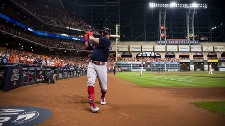 HOUSTON, TX - OCTOBER 22: Kyle Schwarber #18 of the Boston Red Sox warms up on deck before game six of the 2021 American League Championship Series against the Houston Astros at Minute Maid Park on October 22, 2021 in Houston, Texas. (Photo by Billie Weiss/Boston Red Sox/Getty Images)