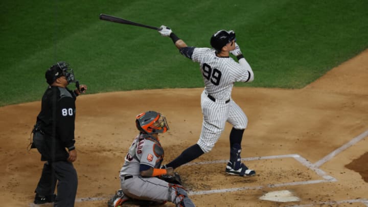 NEW YORK, NEW YORK - OCTOBER 23: Aaron Judge #99 of the New York Yankees flies out in the first inning in game four of the American League Championship Series against the Houston Astros at Yankee Stadium on October 23, 2022 in the Bronx borough of New York City. (Photo by Jamie Squire/Getty Images)