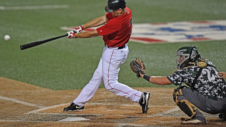 WICHITA, KS – AUGUST 06: Center fielder J.D. Drew #7 of the Kansas Stars singles against the Colorado Xpress in the first inning during the NBC World Series on August 6, 2016 at Lawrence-Dumont Stadium in Wichita, Kansas. (Photo by Peter Aiken/Getty Images)