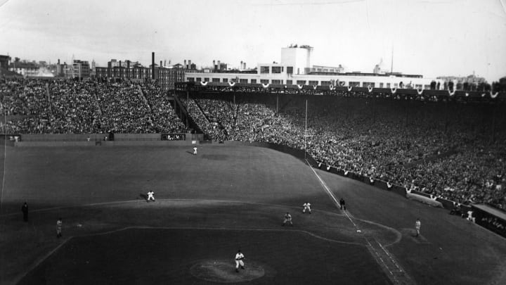 BOSTON – OCTOBER 16, 1943. The Boston Red Sox, in the field, are playing the St. Louis Cardinals in game three of the 1943 World Series in Fenway Park on October 16. (Photo by Mark Rucker/Transcendental Graphics, Getty Images)