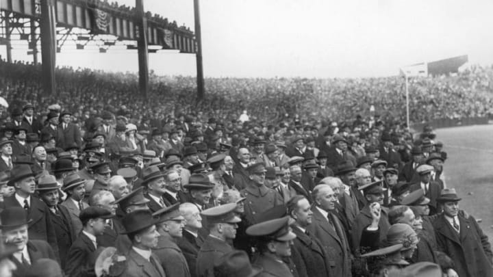 BRONX, NY - APRIL 19: Governor Alfred E. Smith throws out the first pitch at Yankee Stadium prior to the game between the Boston Red Sox and the New York Yankees on April 19, 1923 in the Bronx, the New York. (Photo by Bruce Bennett Studios/Getty Images)