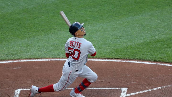 BALTIMORE, MARYLAND – JULY 19: Mookie Betts #50 of the Boston Red Sox bats against the Baltimore Orioles in the first inning at Oriole Park at Camden Yards on July 19, 2019 in Baltimore, Maryland. (Photo by Rob Carr/Getty Images)