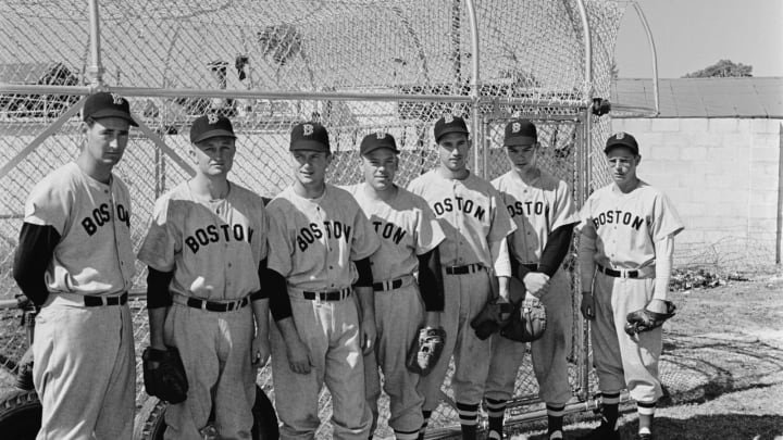 American baseball team the Boston Red Sox in Sarasota, Florida, 8th March 1949. Among them are Ted Williams (left), Bobby Doerr, Vern Stephens, Tex Hughson and Dom DiMaggio (right). (Photo by Michael Ochs Archives/Getty Images)