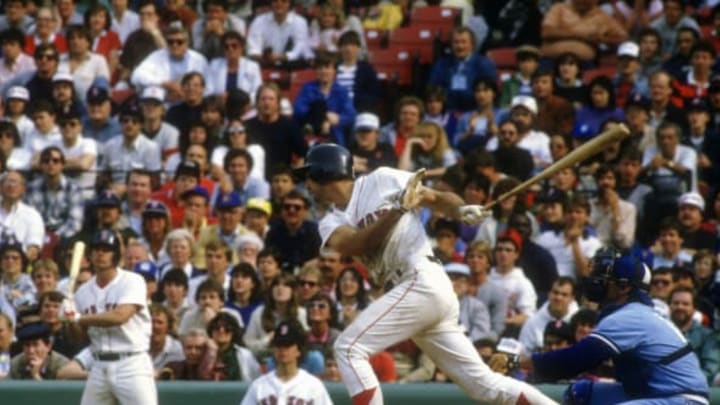 BOSTON, MA – CIRCA 1987: Marty Barrett #17 of the Boston Red Sox bats against the Toronto Blue Jays during a Major League Baseball game circa 1987 at Fenway Park in Boston, Massachusetts. Barrett played for the Red Sox from 1982-90. (Photo by Focus on Sport/Getty Images)