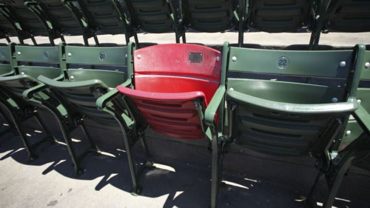 BOSTON, MA - JULY 10: A red seat in the right field stands marking the spot where Ted Williams hit the longest home run in Fenway Park history is shown prior to a game between the Boston Red Sox and Baltimore Orioles at Fenway Park on July 10, 2011 in Boston, Massachusetts. The Red Sox won 8-6. (Photo by Joe Robbins/Getty Images)