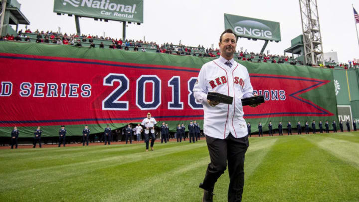 BOSTON, MA - APRIL 9: Former pitcher Tim Wakefield of the Boston Red Sox is introduced during a 2018 World Series championship ring ceremony before the Opening Day game against the Toronto Blue Jays on April 9, 2019 at Fenway Park in Boston, Massachusetts. (Photo by Billie Weiss/Boston Red Sox/Getty Images)