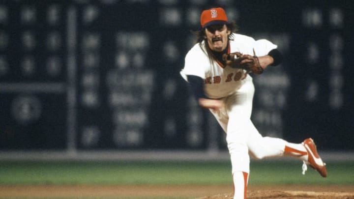 BOSTON, MA - CIRCA 1978: Pitcher Dennis Eckersley #43 of the Boston Red Sox pitches during a Major League Baseball game circa 1978 at Fenway Park in Boston, Massachusetts. Eckersley played for Red Sox from 1978-84 and 1998. (Photo by Focus on Sport/Getty Images)