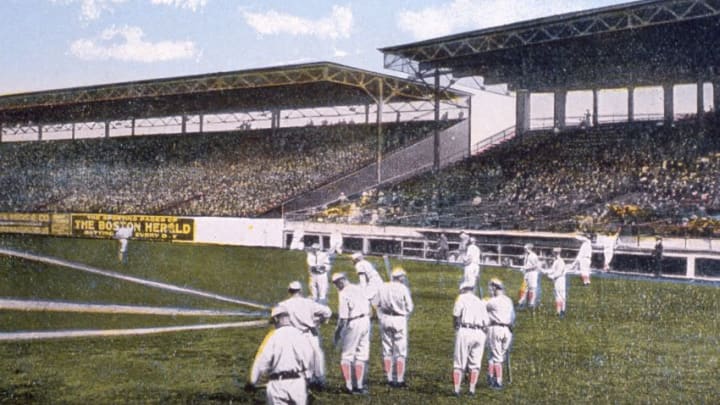 BOSTON - 1912. Pre game activity in Boston in new Fenway Park in 1912 is depicted on this color postcard from that year.. (Photo by Mark Rucker/Transcendental Graphics, Getty Images)