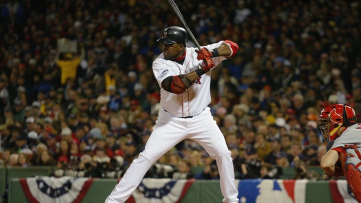 BOSTON – OCTOBER 23: David Ortiz of the Boston Red Sox bats during game one of the 2004 World Series against the St. Louis Cardinals at Fenway Park on October 23, 2004 in Boston, Massachusetts. The Red Sox defeated the Cardinals 11-9. (Photo by Ron Vesely/MLB Photos via Getty Images)
