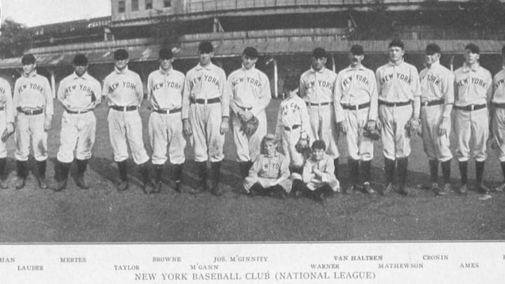 NEW YORK - 1904. The National League Champion New York Giants line up for a team portrait for stylish Burr-McIntosh magazine. Hall of Fame members Roger Bresnahan, Christy Mathewson, John McGraw, and Joe McGinnity appear in the panoramic. (Photo by Mark Rucker/Transcendental Graphics, Getty Images)