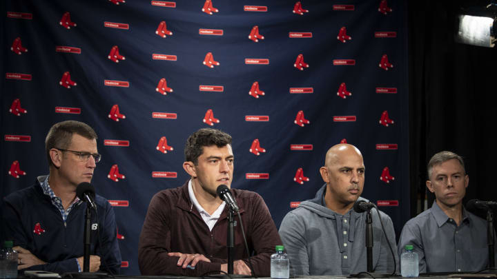 Sam Kennedy, CEO of the Boston Red Sox, with Chaim Bloom, Alex Cora, and Brian O'Halloran