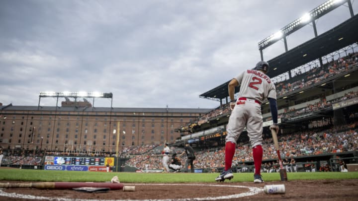 BALTIMORE, MD - AUGUST 19: Xander Bogaerts #2 of the Boston Red Sox stands in the on-deck circle during the first inning of a game against the Baltimore Orioles on August 19, 2022 at Oriole Park at Camden Yards in Baltimore, Maryland. (Photo by Maddie Malhotra/Boston Red Sox/Getty Images)
