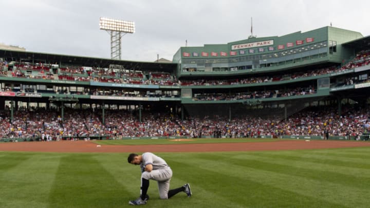 BOSTON, MA - JULY 8: Aaron Judge #99 of the New York Yankees pauses before a game against the Boston Red Sox on July 8, 2022 at Fenway Park in Boston, Massachusetts. (Photo by Billie Weiss/Boston Red Sox/Getty Images)