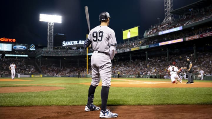 BOSTON, MA - SEPTEMBER 13: Aaron Judge #99 of the New York Yankees warms up on deck during the first inning of a game against the Boston Red Sox on September 13, 2022 at Fenway Park in Boston, Massachusetts.(Photo by Billie Weiss/Boston Red Sox/Getty Images)