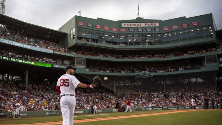 BOSTON, MA - AUGUST 9: Eric Hosmer #35 of the Boston Red Sox warms up before a game against the Atlanta Braves on August 9, 2022 at Fenway Park in Boston, Massachusetts. It was his debut game at Fenway Park as a member of the Boston Red Sox. (Photo by Billie Weiss/Boston Red Sox/Getty Images)