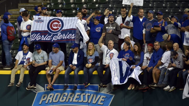 Nov 2, 2016; Cleveland, OH, USA; Chicago Cubs fans celebrate after defeating the Cleveland Indians in game seven of the 2016 World Series at Progressive Field. Mandatory Credit: David Richard-USA TODAY Sports
