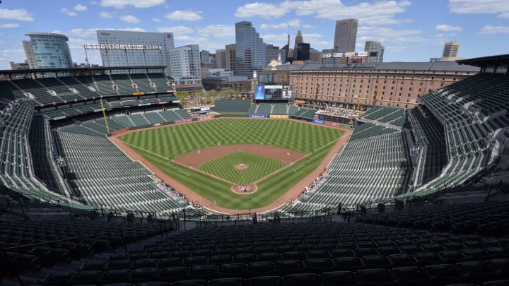 Apr 29, 2015; Baltimore, MD, USA; A general view of the Oriole Park at Camden Yards during the top of the first inning of the game between Chicago White Sox and Baltimore Orioles. Fans are not allowed to attend the game due to the current state of unrest in Baltimore. Mandatory Credit: Tommy Gilligan-USA TODAY Sports