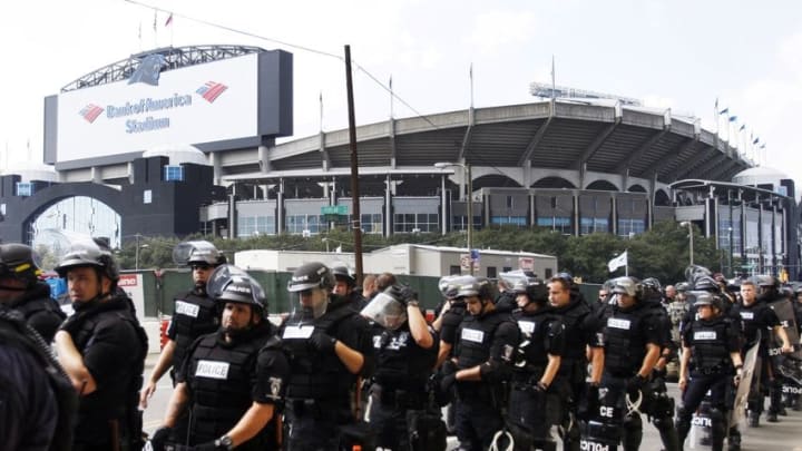 Sep 25, 2016; Charlotte, NC, USA; Police line a street near Bank of American Stadium during the game between the Minnesota Vikings and the Carolina Panthers. Mandatory Credit: Angela Wilhelm/Citizen-Times via USA TODAY NETWORK