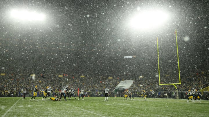 GREEN BAY, WISCONSIN - NOVEMBER 10: A detailed view of snow falls as the Green Bay Packers play the Carolina Panthers in the game at Lambeau Field on November 10, 2019 in Green Bay, Wisconsin. (Photo by Dylan Buell/Getty Images)