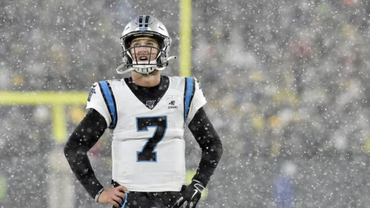 GREEN BAY, WISCONSIN - NOVEMBER 10: Kyle Allen #7 of the Carolina Panthers reacts after watching the video reply during the fourth quarter against the Green Bay Packers at Lambeau Field on November 10, 2019 in Green Bay, Wisconsin. (Photo by Quinn Harris/Getty Images)