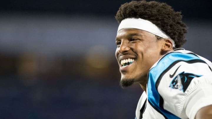 ORCHARD PARK, NY - AUGUST 09: Cam Newton #1 of the Carolina Panthers celebrates a touchdown scored by teammates during the third quarter against the Buffalo Bills at New Era Field on August 9, 2018 in Orchard Park, New York. Carolina defeats Buffalo in the preseason game 28-23. (Photo by Brett Carlsen/Getty Images)
