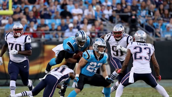 CHARLOTTE, NC - AUGUST 24: Cam Newton #1 of the Carolina Panthers dives for more yardage against the New England Patriots in the first quarter during their game at Bank of America Stadium on August 24, 2018 in Charlotte, North Carolina. (Photo by Streeter Lecka/Getty Images)