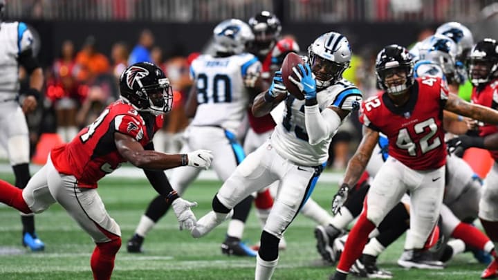 ATLANTA, GA - SEPTEMBER 16: Jarius Wright #13 of the Carolina Panthers makes a catch against Brian Poole #34 of the Atlanta Falcons during the second half at Mercedes-Benz Stadium on September 16, 2018 in Atlanta, Georgia. (Photo by Scott Cunningham/Getty Images) ATLANTA, GA - SEPTEMBER 16: Jarius Wright #13 of the Carolina Panthers makes a catch against Brian Poole #34 of the Atlanta Falcons during the second half at Mercedes-Benz Stadium on September 16, 2018 in Atlanta, Georgia. (Photo by Scott Cunningham/Getty Images)
