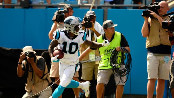 CHARLOTTE, NC - OCTOBER 07: Curtis Samuel #10 of the Carolina Panthers scores a touchdown against the New York Giants in the first quarter during their game at Bank of America Stadium on October 7, 2018 in Charlotte, North Carolina. (Photo by Grant Halverson/Getty Images)