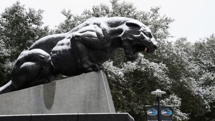 CHARLOTTE, NC - JANUARY 22: A statue in the snow at the home stadium of the Carolina Panthers at Bank of America Stadium on January 22, 2016 in Charlotte, North Carolina. A major snowstorm is forecasted for the East Coast this weekend with some areas expected to receive up to 1-2 feet of snow. (Photo by Streeter Lecka/Getty Images)