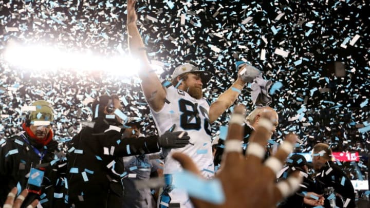 CHARLOTTE, NC - JANUARY 24: Greg Olsen #88 of the Carolina Panthers celebrates defeating the Arizona Cardinals with a score of 49 to 15 to win the NFC Championship Game at Bank of America Stadium on January 24, 2016 in Charlotte, North Carolina. (Photo by Streeter Lecka/Getty Images)