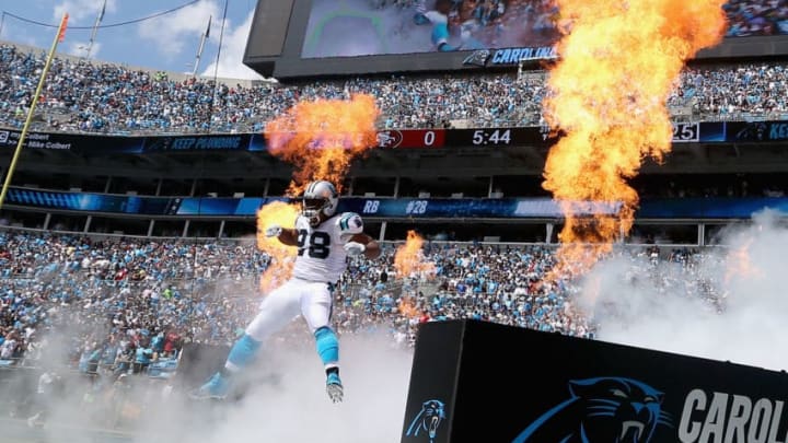 CHARLOTTE, NC - SEPTEMBER 18: Jonathan Stewart #28 of the Carolina Panthers takes the field before their game against the San Francisco 49ers at Bank of America Stadium on September 18, 2016 in Charlotte, North Carolina. (Photo by Streeter Lecka/Getty Images)