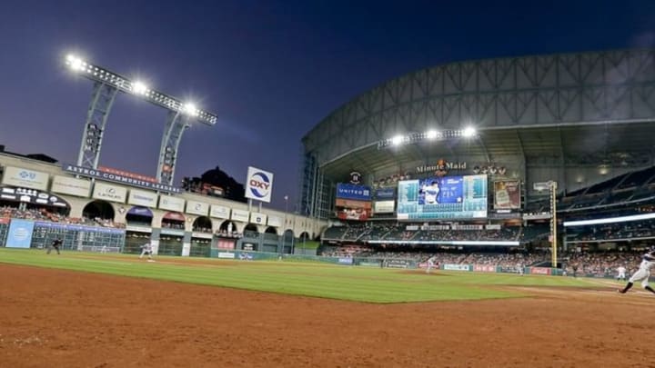 Apr 14, 2016; Houston, TX, USA; Houston Astros right fielder George Springer (4) at bat against the Kansas City Royals in the fourth inning at Minute Maid Park. Mandatory Credit: Thomas B. Shea-USA TODAY Sports