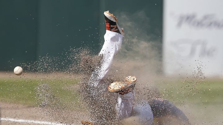 Mar 6, 2016; Kissimmee, FL, USA; Houston Astros third baseman Joe Sclafani (81) dives and misses a foul ball during the eighth inning of a spring training baseball game against the Toronto Blue Jays at Osceola County Stadium. Mandatory Credit: Reinhold Matay-USA TODAY Sports