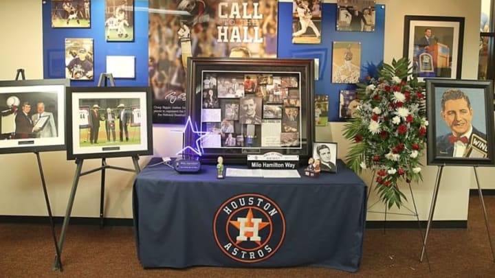 Sep 19, 2015; Houston, TX, USA; A shrine for Hall of Fame announcer Milo Hamilton, who passed away earlier this week is seen outside the press box before the Houston Astros played the Oakland Athletics at Minute Maid Park. Mandatory Credit: Thomas B. Shea-USA TODAY Sports