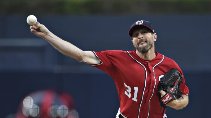 SAN DIEGO, CA – JUNE 8: Max Scherzer #31 of the Washington Nationals pitches during the first inning of a baseball game against the San Diego Padres at Petco Park June 8, 2019 in San Diego, California. (Photo by Denis Poroy/Getty Images)