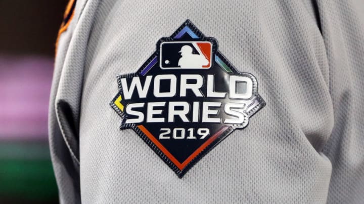 WASHINGTON, DC - OCTOBER 27: A detail of the world series patch worn in Game Five of the 2019 World Series between the Houston Astros and the Washington Nationals at Nationals Park on October 27, 2019 in Washington, DC. (Photo by Patrick Smith/Getty Images)