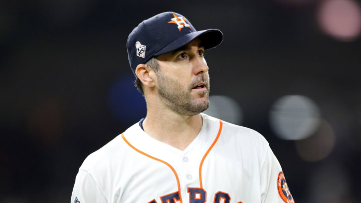 HOUSTON, TEXAS – OCTOBER 29: Justin Verlander #35 of the Houston Astros reacts after allowing a solo home run to Juan Soto (not pictured) of the Washington Nationals during the fifth inning in Game Six of the 2019 World Series at Minute Maid Park on October 29, 2019 in Houston, Texas. (Photo by Elsa/Getty Images)