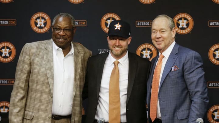 HOUSTON, TEXAS - FEBRUARY 04: Houston Astros manager Dusty Baker, left, Houston Astros General Manager James Click and Houston Astros owner Jim Crane introducing Click as the new general manager dy=uring a press conference at Minute Maid Park on February 04, 2020 in Houston, Texas. (Photo by Bob Levey/Getty Images)