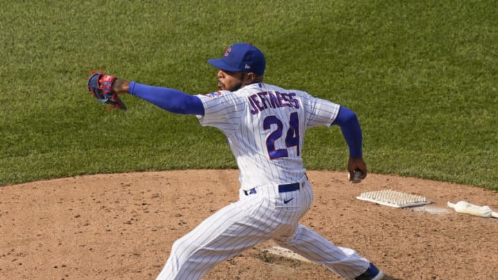 CHICAGO, ILLINOIS - AUGUST 23: Jeremy Jeffress #24 of the Chicago Cubs throws a pitch during the ninth inning of a game against the Chicago White Sox at Wrigley Field on August 23, 2020 in Chicago, Illinois. (Photo by Nuccio DiNuzzo/Getty Images)