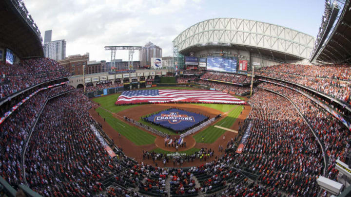 HOUSTON, TX - APRIL 02: A general view of Minute Maid Park during player introductions on opening day at Minute Maid Park on April 2, 2018 in Houston, Texas. (Photo by Bob Levey/Getty Images)