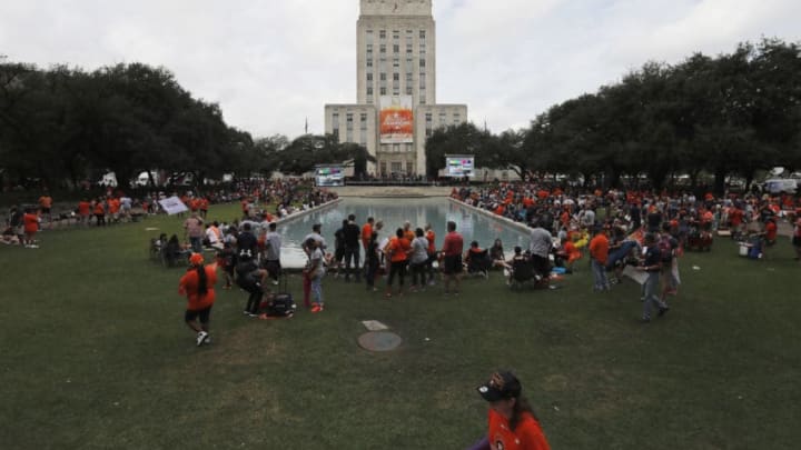 HOUSTON, TX - NOVEMBER 03: Fans gather at Houston City Hall before the Houston Astros Victory Parade on November 3, 2017 in Houston, Texas. (Photo by Tim Warner/Getty Images)