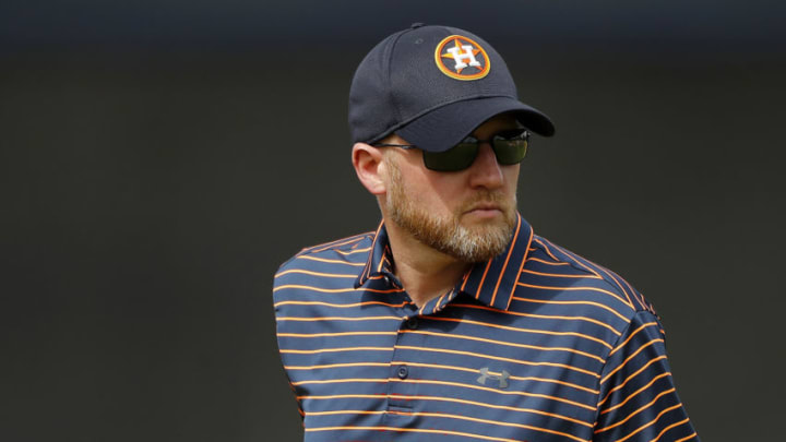 James Click of the Houston Astros looks on during a team workout at FITTEAM Ballpark of The Palm Beaches on February 13, 2020 in West Palm Beach, Florida. (Photo by Michael Reaves/Getty Images)