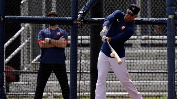 Feb 22, 2021; West Palm Beach, Florida, USA; Houston Astros designated hitter Michael Brantley (23) takes batting practice during spring training workouts at The Ballpark of the Palm Beaches. Mandatory Credit: Jasen Vinlove-USA TODAY Sports