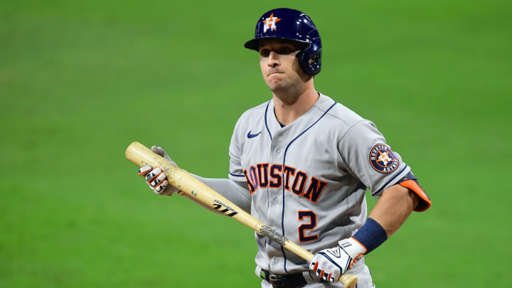 Oct 11, 2020; San Diego, California, USA; Houston Astros third baseman Alex Bregman (2) reacts after striking out during the eighth inning against the Tampa Bay Rays in game one of the 2020 ALCS at Petco Park. Mandatory Credit: Jayne Kamin-Oncea-USA TODAY Sports