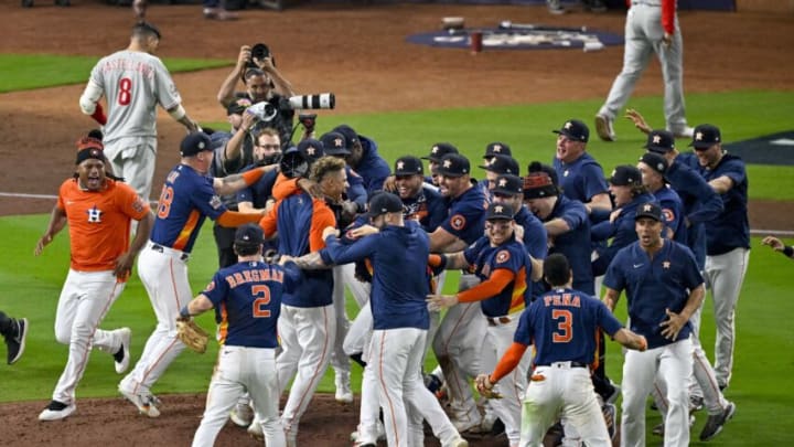 Nov 5, 2022; Houston, Texas, USA; The Houston Astros celebrate winning the World Series after their victory over the Philadelphia Phillies in game six of the 2022 World Series at Minute Maid Park. Mandatory Credit: Jerome Miron-USA TODAY Sports